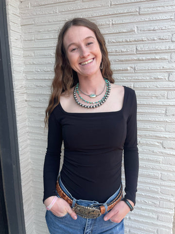 Black Square Neck Line Ruched Side Long Sleeve Top