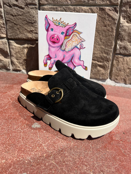 Corkys Tardy Clogs Black Faux Suede