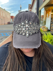 Glitz Deconstructed Distressed Baseball Cap w/ Matching Leather Buckle dark grey gunmetal/clear