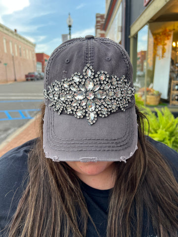 Glitz Deconstructed Distressed Baseball Cap w/ Matching Leather Buckle dark grey gunmetal/clear