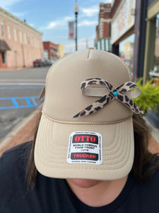 Cream Trucker Hat Leopard Bow w/ Turquoise Stud
