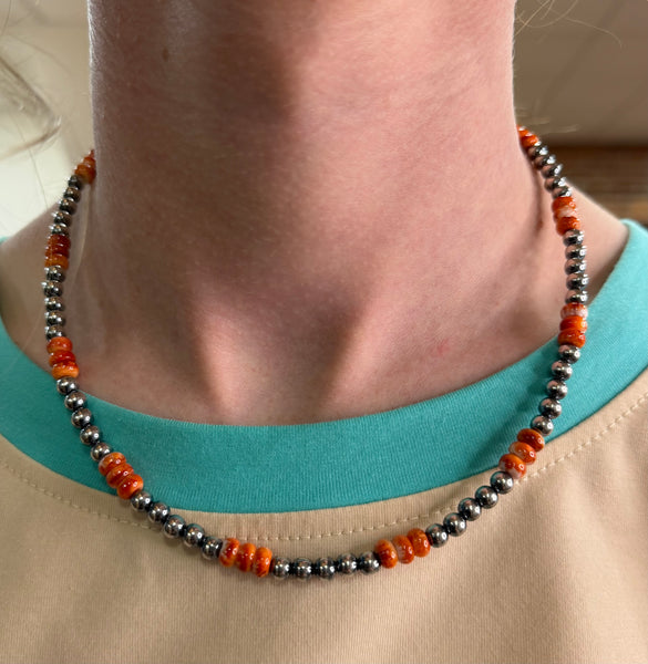 18 inch Sterling Silver Pearl Necklace w/ Spiny Oyster