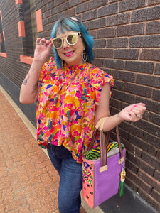 Lemon/Fuchsia/Orange Floral Print Smocked Yoke Ruffle Sleeves Top