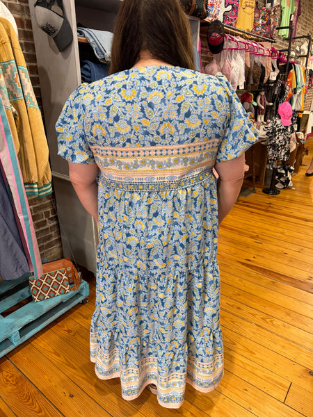 Blue V Neck Baby Doll Flutter Sleeve Floral Print Dress Plus Size