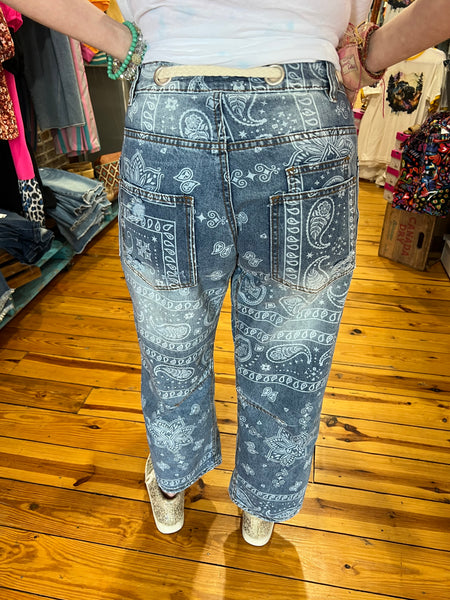 Washed Paisley Patch Print Denim Jeans