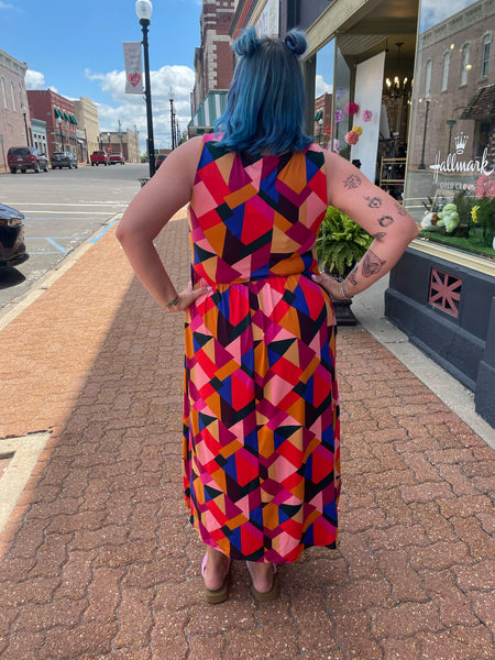 Magenta/Royal Geometric Shapes Midi Length Dress Plus Size