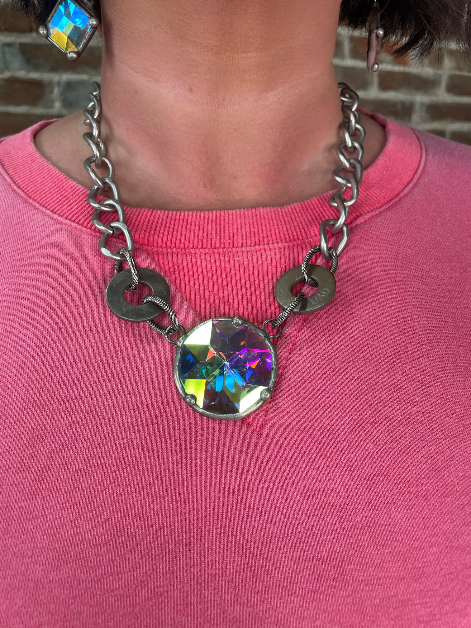 Large Circle AB Charm on Silver Chain Necklace Art By Amy