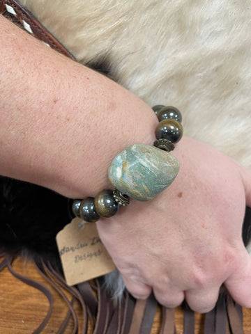 Large Turquoise Nugget on Bronze Faux Navajo Pearls Bracelet
