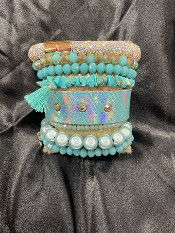 Blue Bracelet Stack w/ Charms, Leather Cuff & Bling on HOH Pillow