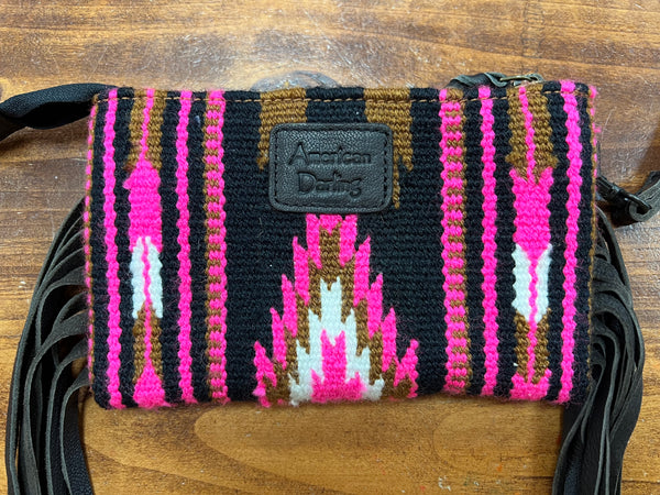 Pink/Black/White Saddle Blanket w/ Tooled Leather & Fringe Wristlet