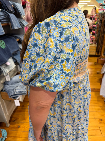 Blue V Neck Baby Doll Flutter Sleeve Floral Print Dress Plus Size