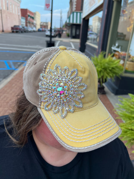 XL Glass Silver AB Crystal Flower Two Tone High Contrast Ball Cap mustard/cinder silver/ab