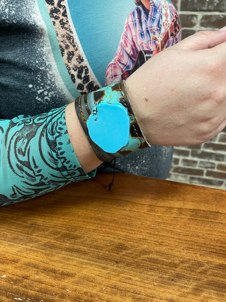 Leather Cuff w/ Turquoise Print & Turquoise Stone