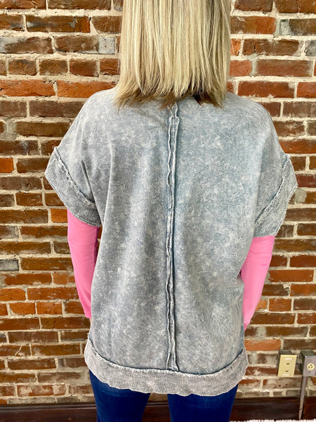 Silver Grey Mineral Wash Cap Sleeve Pocket Top