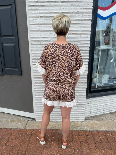 Leopard & Eyelet Lace Ruffled Top & Shorts Set