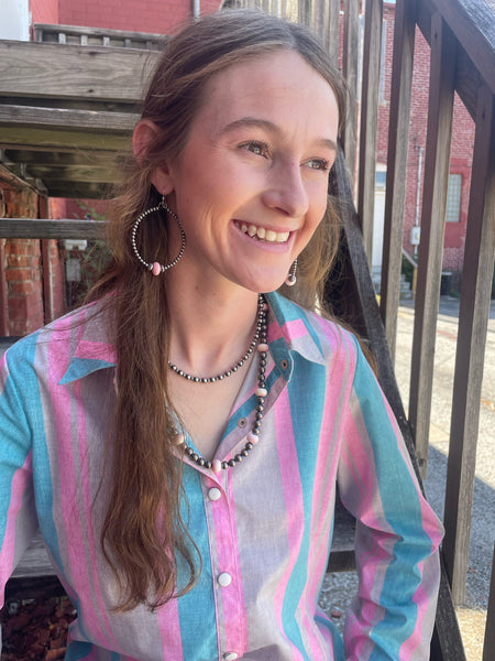 Smaller Sterling Silver Pearls Hoops w/ Pink Conch