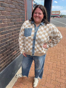 Latte Washed Denim Mix & Match Buttoned Checker Sweater Top Plus Size