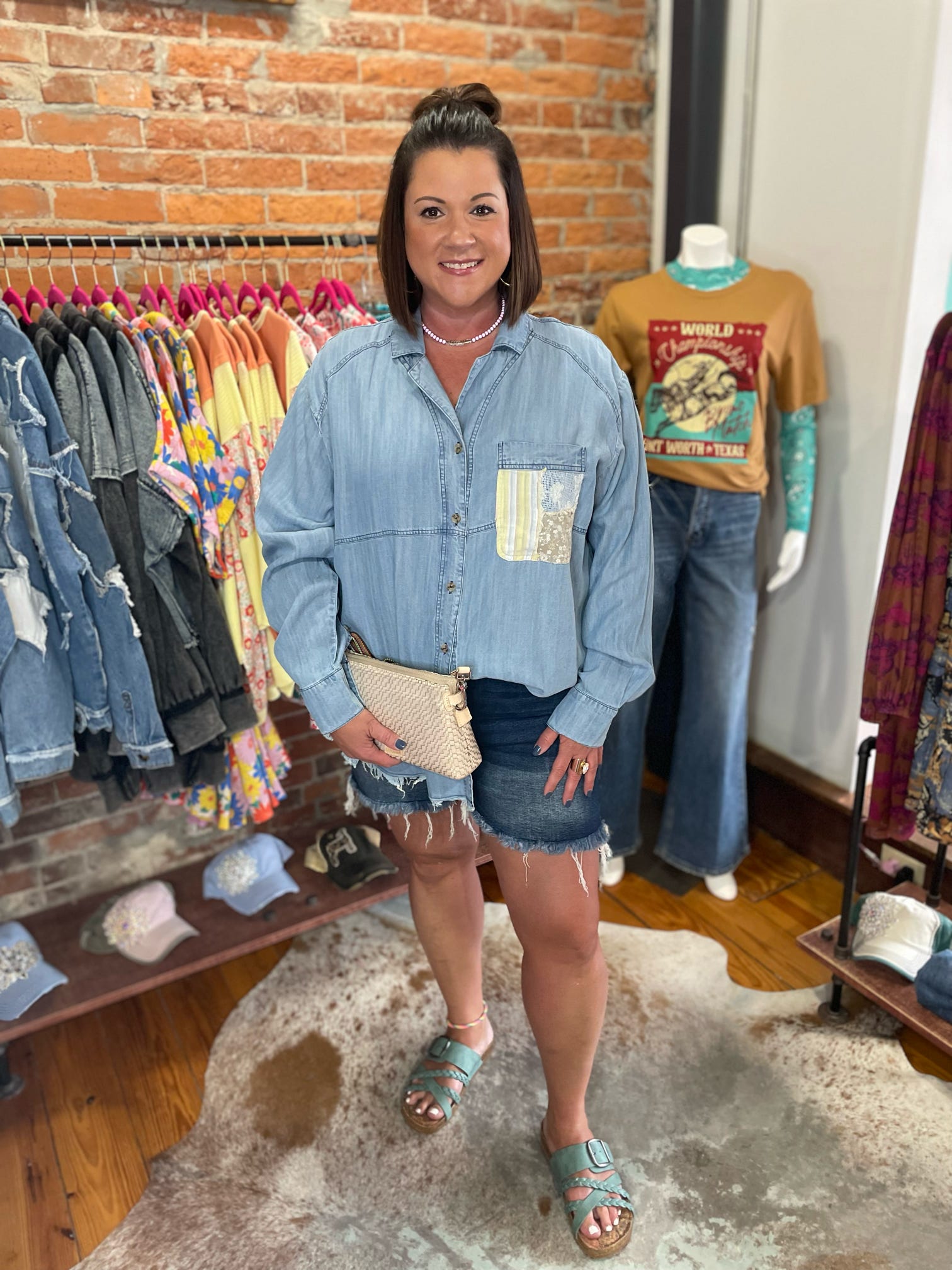 Light Denim Chambray LS Mix Match Patch Top Plus Size