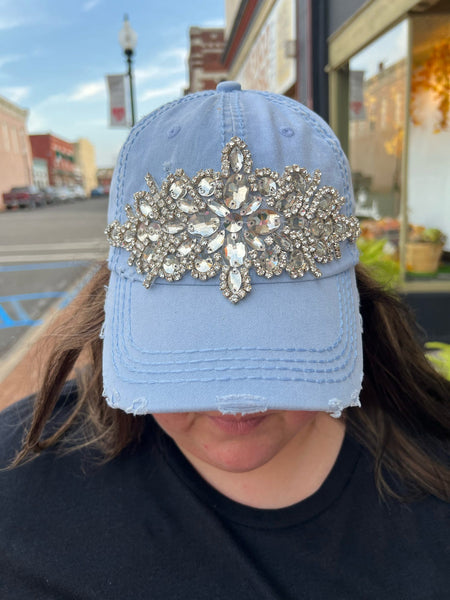 Glitz Deconstructed Distressed Baseball Cap w/ Matching Leather Buckle sky silver/clear