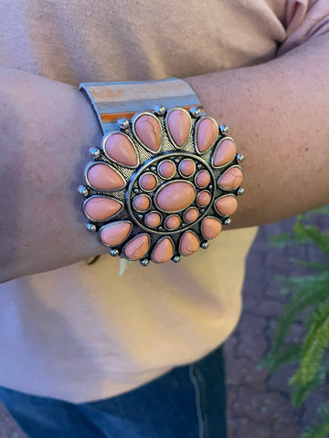 Large Salmon Pink Concho w/ Orange & Blue Tooled Leather Cuff