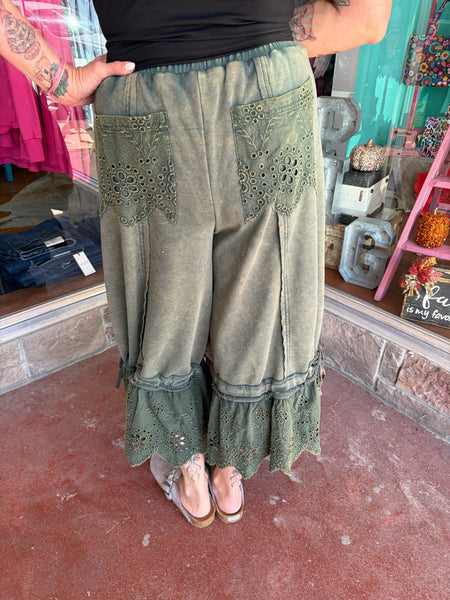 Olive Green Washed Terry Eyelet Mix Pants
