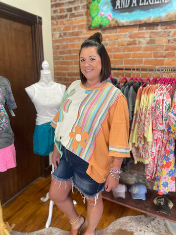 Green/Ivory SS Color Mix Daisy Top Plus Size