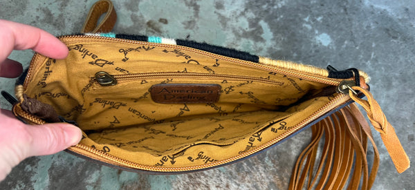 Tan/Grey/Turquoise/White Aztec Saddle Blanket Wristlet w/ Tooled Leather & Fringe