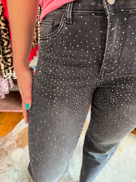 EverStretch Straight Ankle w/ Front Rhinestones Black Washed Jeans
