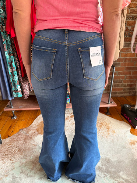 Dark Denim High Rise Distressed Raw Hem Super Flares