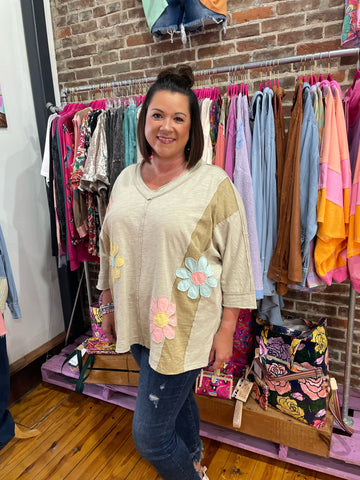 Olive Grey Daisy Patchwork Top Plus Size