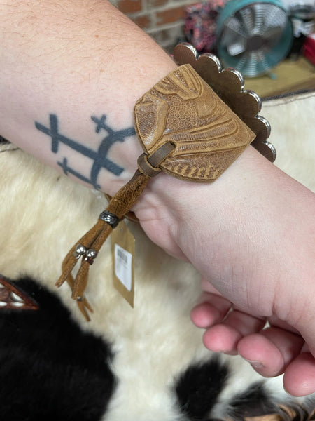 Large Off White Concho w/ Light Brown Tooled Leather Cuff