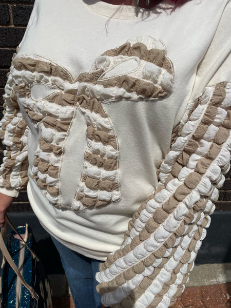 Ivory Sweatshirt w/ Puff Bow & Sleeve Details