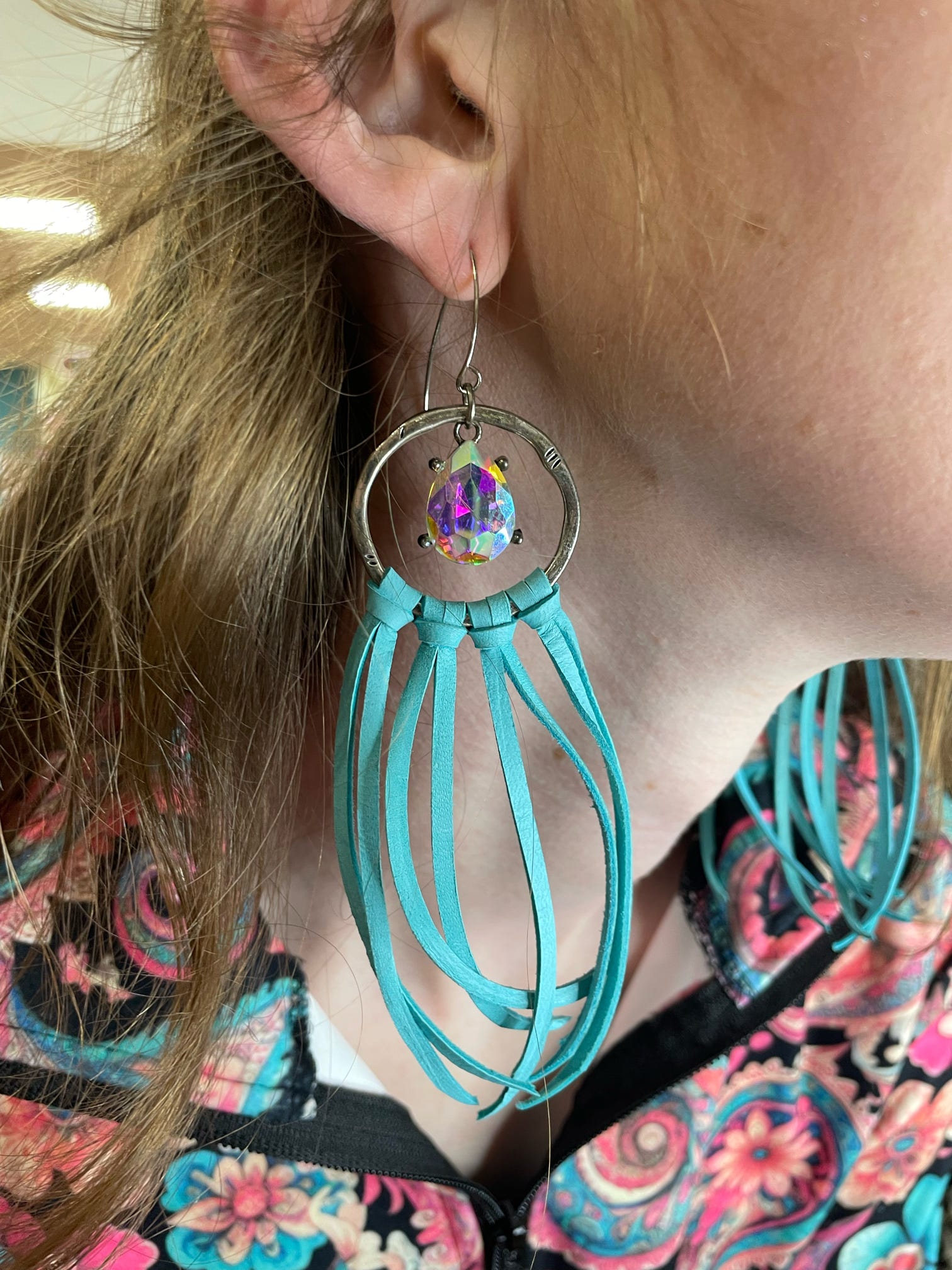 Turquoise Leather Fringe Earrings w/ AB Charms