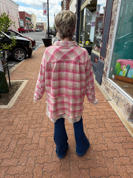 Pink/Beige Washed Plaids & Embroidered Mesh Mix Shacket