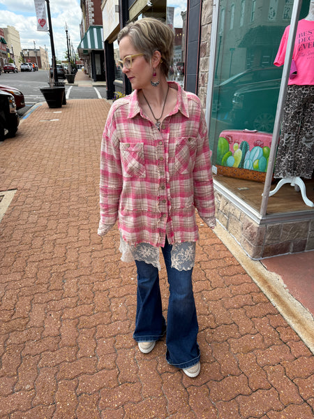 Pink/Beige Washed Plaids & Embroidered Mesh Mix Shacket