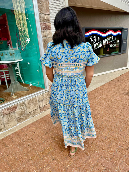 Blue V Neck Baby Doll Flutter Sleeve Floral Print Dress