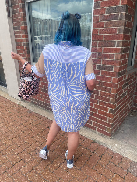 Blue Combo Pattern Mix Dress Plus Size