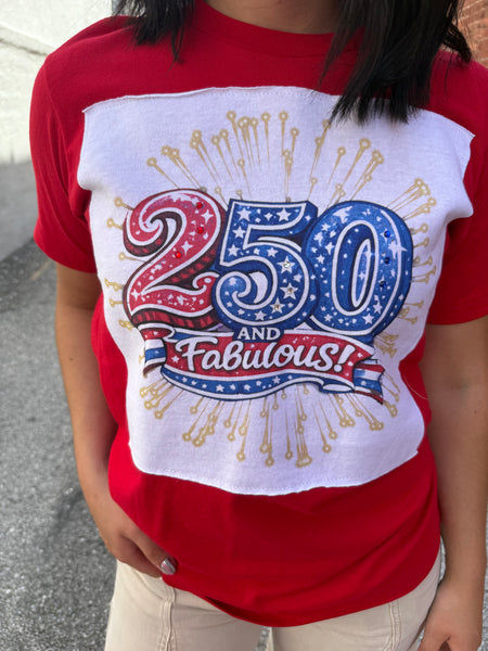 250 White Tee Patch on Red Crew Tee