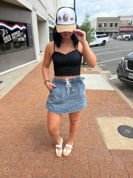 Midnight Denim Chambray Elastic Adjustable Waist Skort
