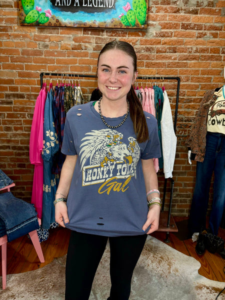Distressed Tee Honky Tonk Gal on Navy