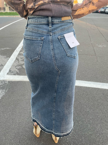 Medium Denim High Rise Midi Skirt w/ Crossover Button Fly
