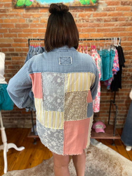 Light Denim Chambray LS Mix Match Patch Top Plus Size