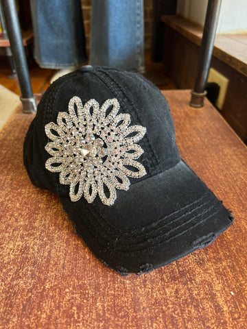 XL Glass Crystal Flower Distressed Baseball Cap w/ Matching Leather Buckle black silver/clear