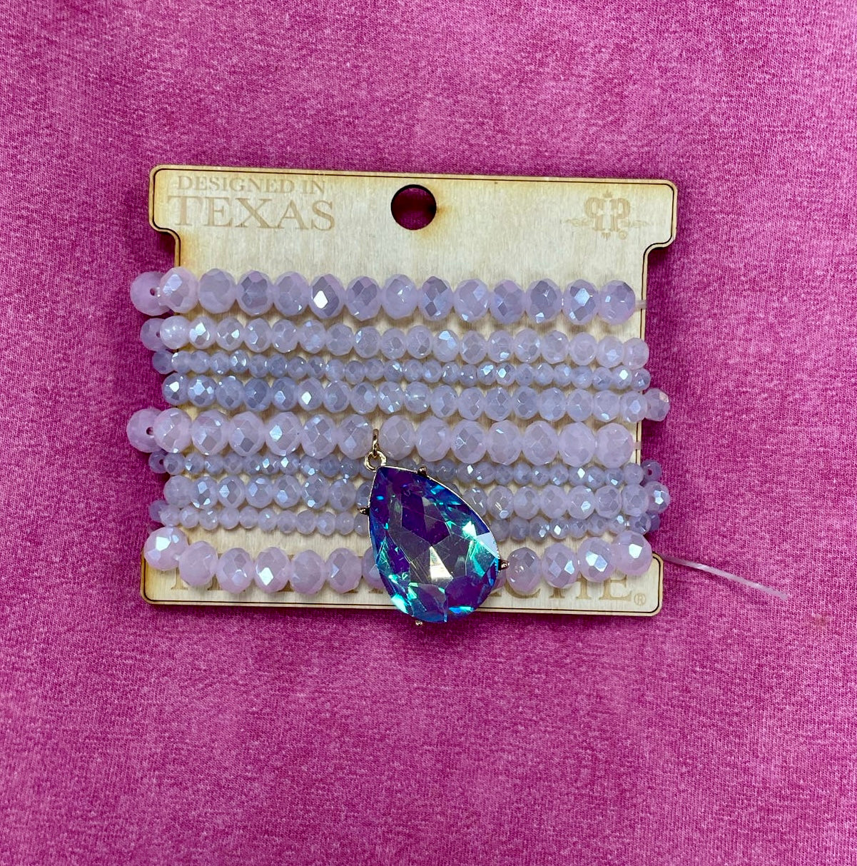 9 Strand Lilac Bead Bracelet w/ Large Purple AB Rhinestone Teardrop