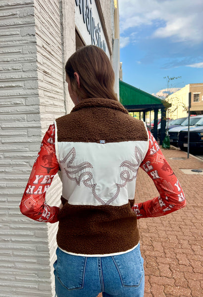 Brown Sherpa Vest w/ Aztec Panel