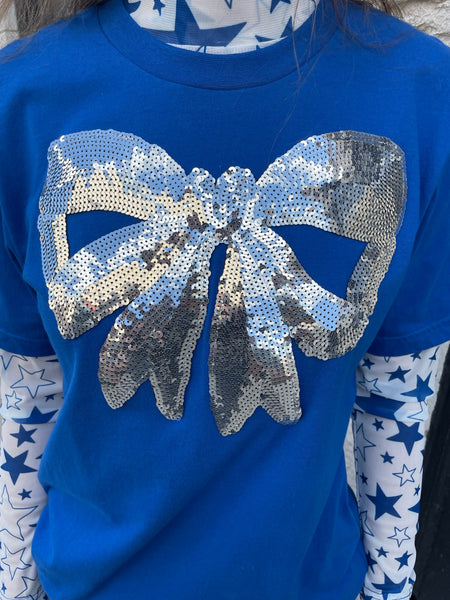 Silver Bow on Royal Crew Neck Tee Shirt