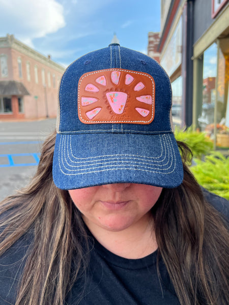 Denim/Tan Hat w/ Pink Squash Blossom