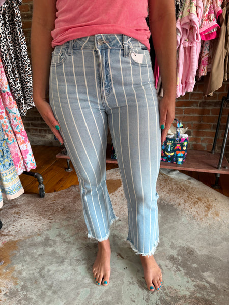Cello Light Stripe High Rise Crop Flare w/ Frayed Hem Jean