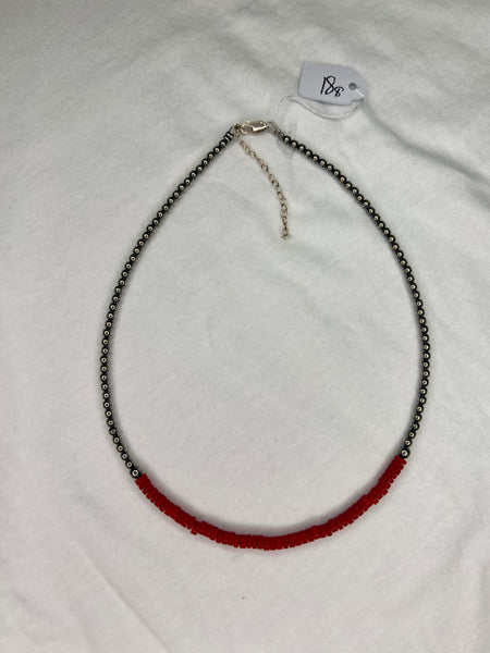 15" Red Magnesite Heishi Necklace w/ Sterling Silver Pearls Necklace