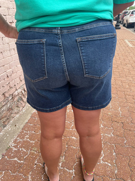 Dark Denim HW Double Button Waistband Shorts Plus Size